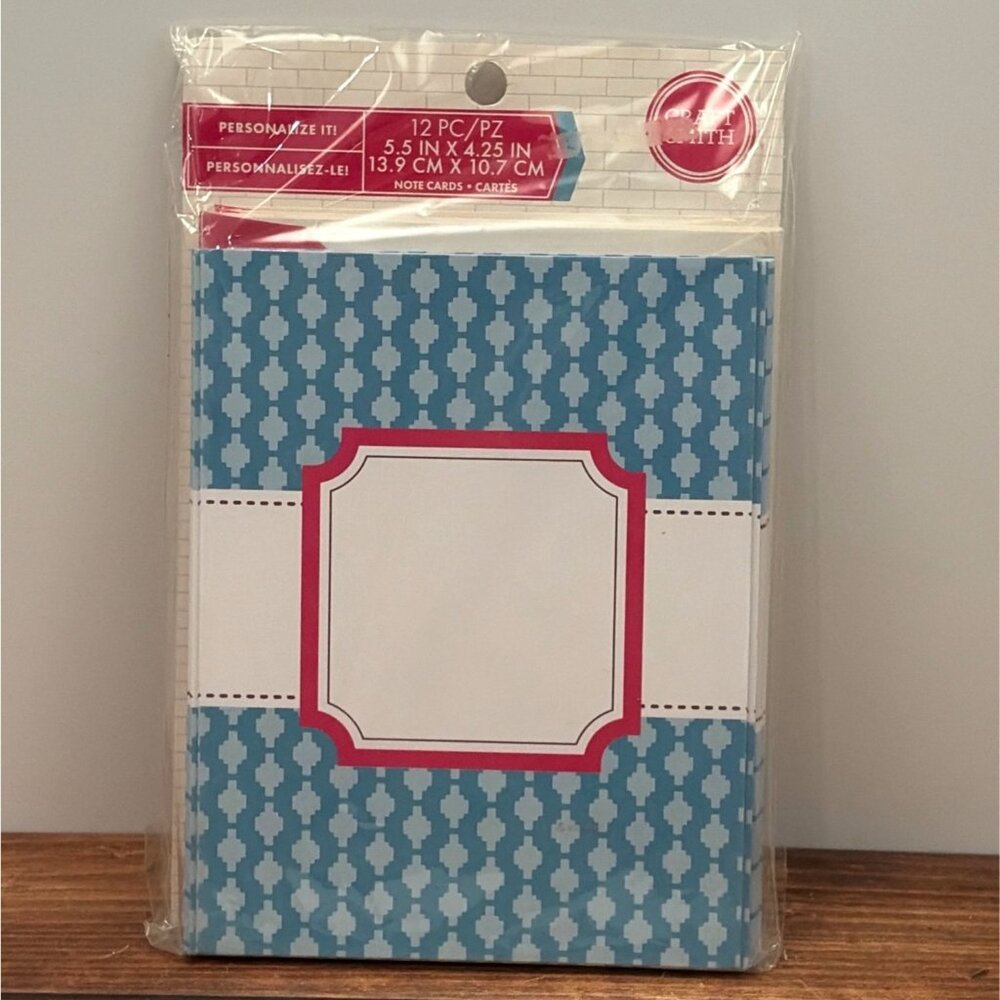 Craft Smith MCM0040 12-Piece Note Cards & Envelopes Set W Blue Geometric Design